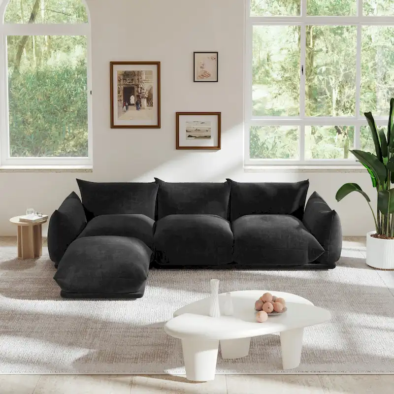 103.9 L-Shaped Sectional Sofa Chenille Fabric 3-Seat Couch with Ottoman