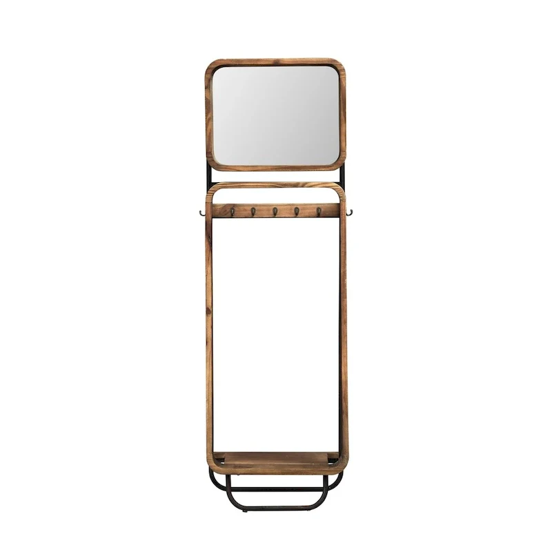 Wood and Metal Hall Tree with Mirror and Hooks