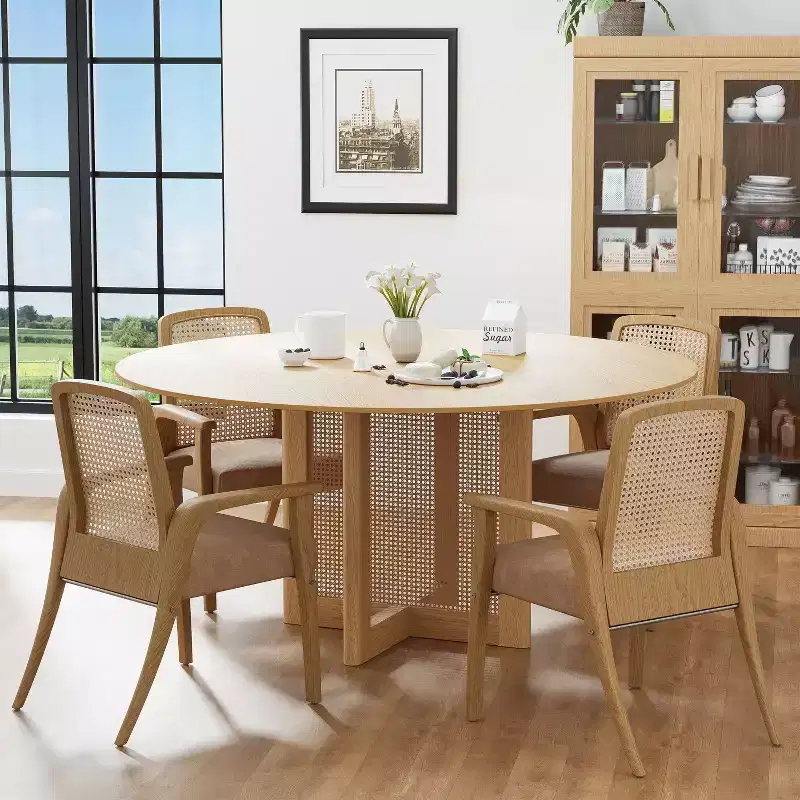 PexFix 60 x 60 Farmhouse Kitchen Dining Room Table Furniture Round Natural Kitchen Table with Rattan Woven Legs for Kitchen Bar Living Room