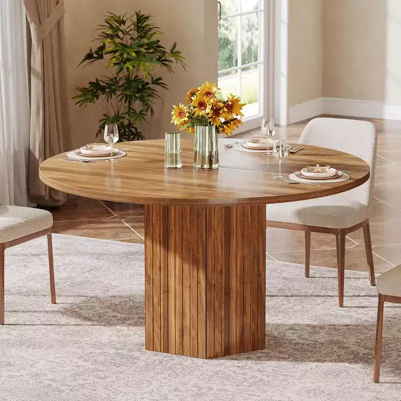 Wood Dining Table for Dining Room, Round 47 inch Dinner Table for 4 People with Pedestal Base and Circle Oak Tabletop