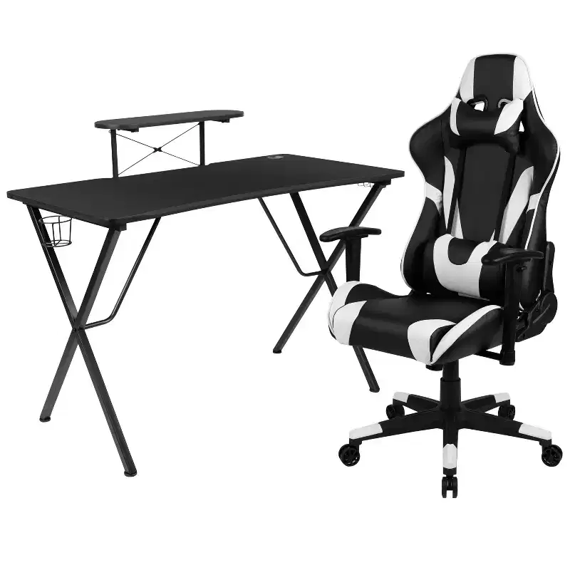 Gaming Setup: Reclining Chair with Lumbar Support & Headrest; Desk with Detachable Headphone Hook/Cupholder & Monitor Stand