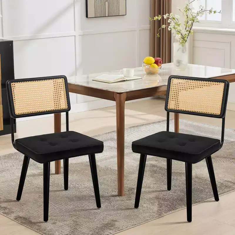 Natural Rattan Dining Chairs Set of 2 - Velvet Upholstered, Tall Cane Backrest, Strong Wood Legs, Perfect for Dining Room, Kitchen, Restaurant