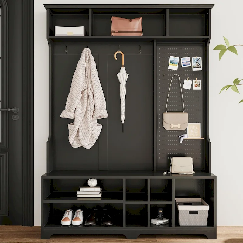 GDFStudio - Finn Multifunctional Hall Tree with Shoe Bench, Pegboard, and Ample Storage