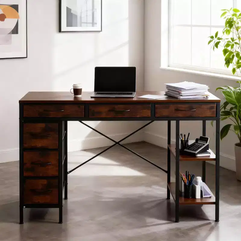 Computer Desk with 6 Fabric Drawers & Adjustable Storage Shelf - Sturdy Metal Frame Home Office Gaming Desk