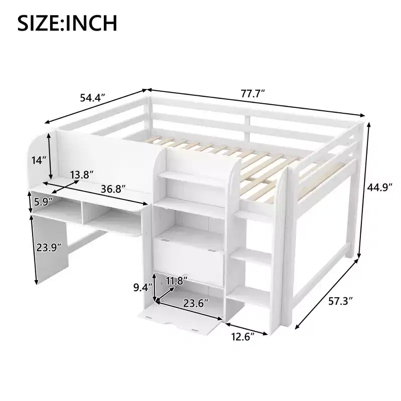 Full Size Low Loft Bed with Built-in Desk, Storage Cabinets, Open Bookcase and Whiteboard for Graffiti