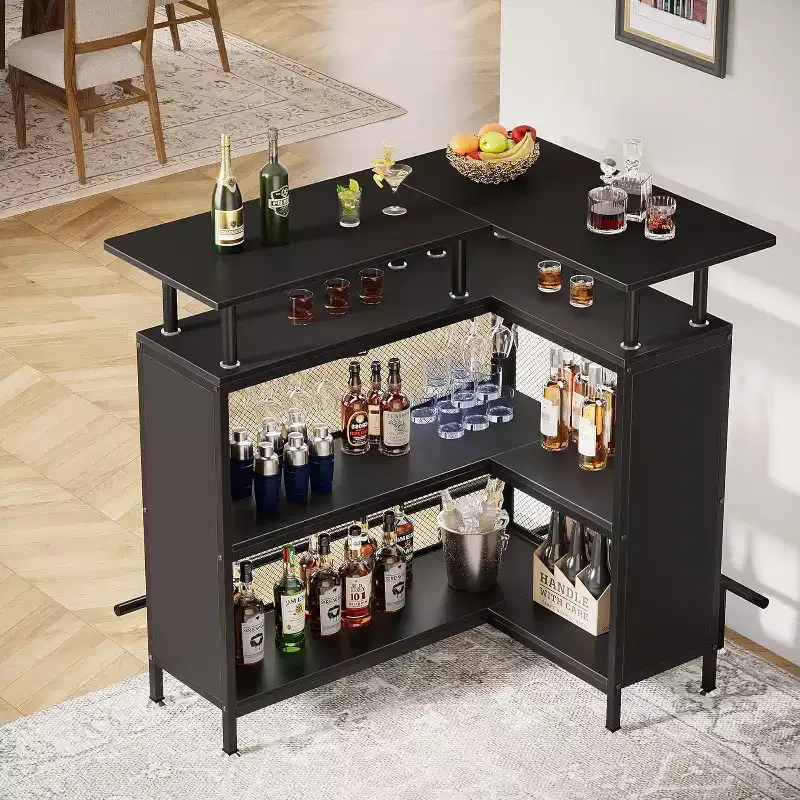 2-Tier L-Shaped Home Bar Unit – Stemware Racks, Open Shelves, Metal Mesh