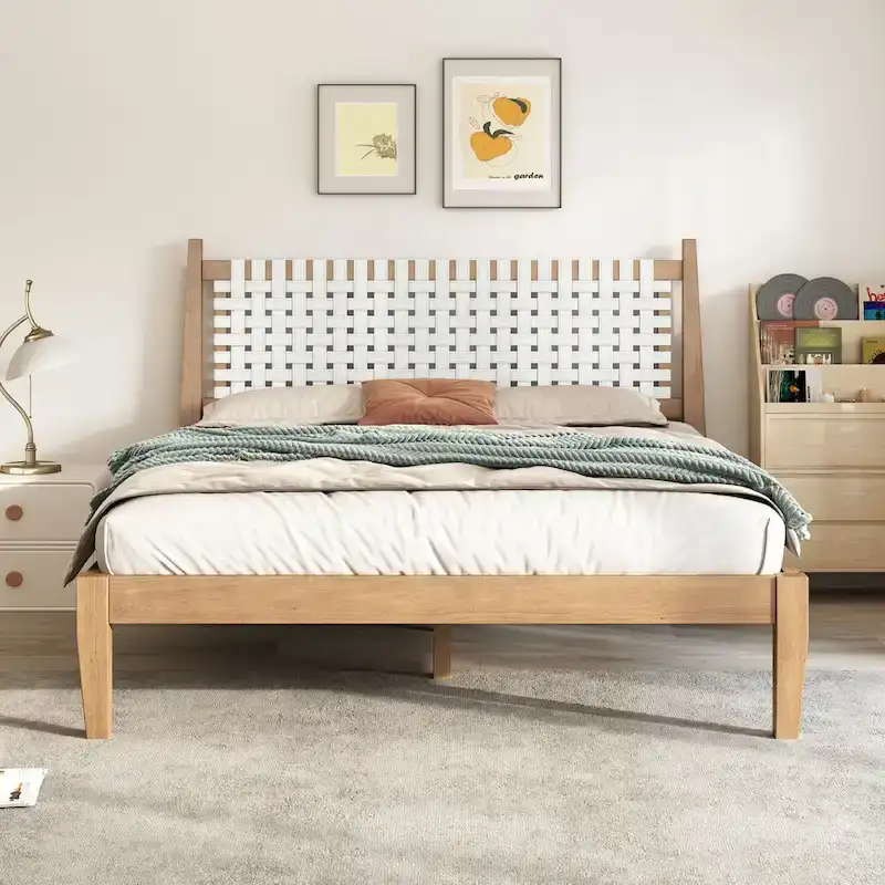 Queen Platform Bed – Woven Leather Headboard and Solid Wood Frame