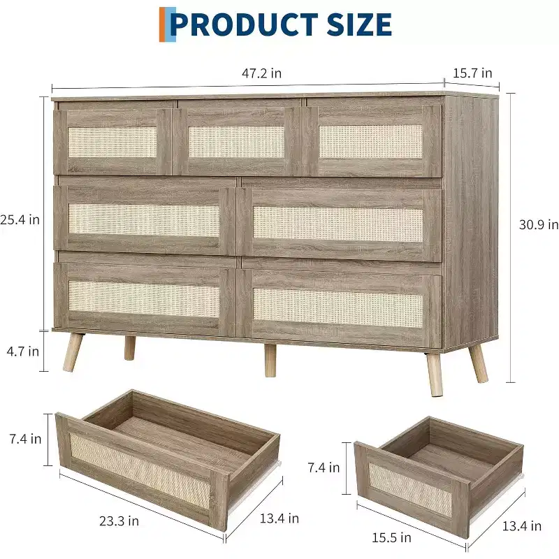 7-Drawer Rattan Dresser, Modern Wood Storage Cabinet with Woven Fronts, Wide Chest of Drawers for Bedroom, Living Room, Nursery