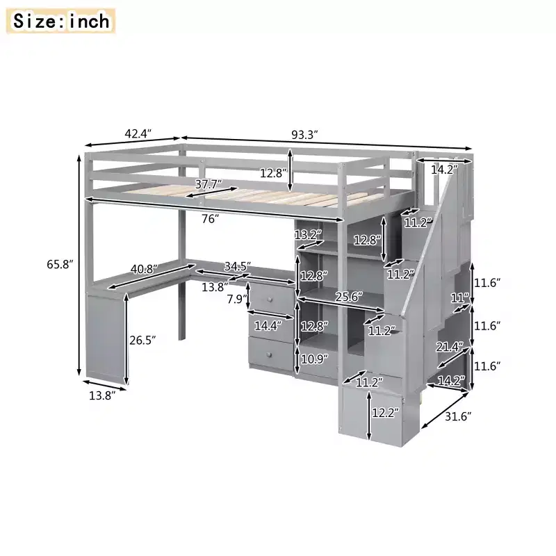 Twin Size Loft Bed with L-Shaped Desk, Storage Staircase, Drawers and Cabinet