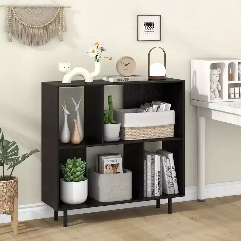 Black/Natural/White Mid-Century Modern 4-Cube Open Bookshelf, Single