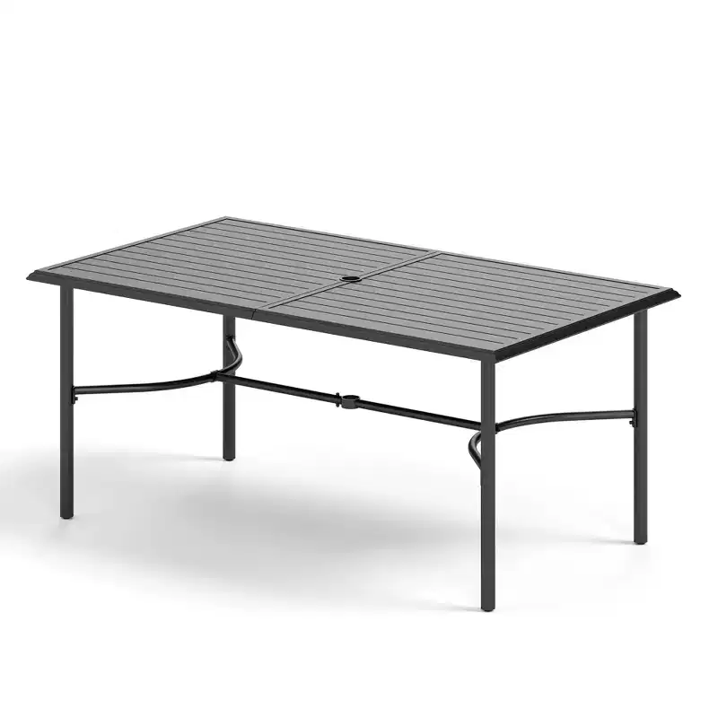 Captiva Designs 7 Pc Patio Outdoor Dining Set with Slat Tabletop Rectangular Table & Gray Textilene Fixed Chairs