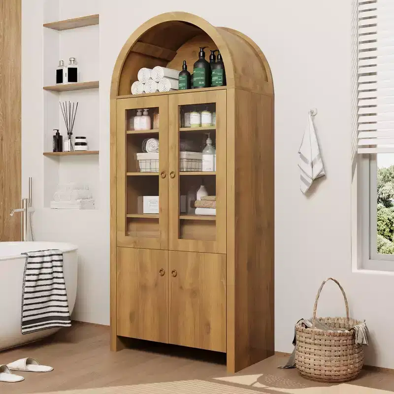 71 Inch Tall Arched Kitchen Pantry Cabinet, Farmhouse Storage Cabinet with Drawer, Shelves & Glass Doors for Dining Room or Apartment