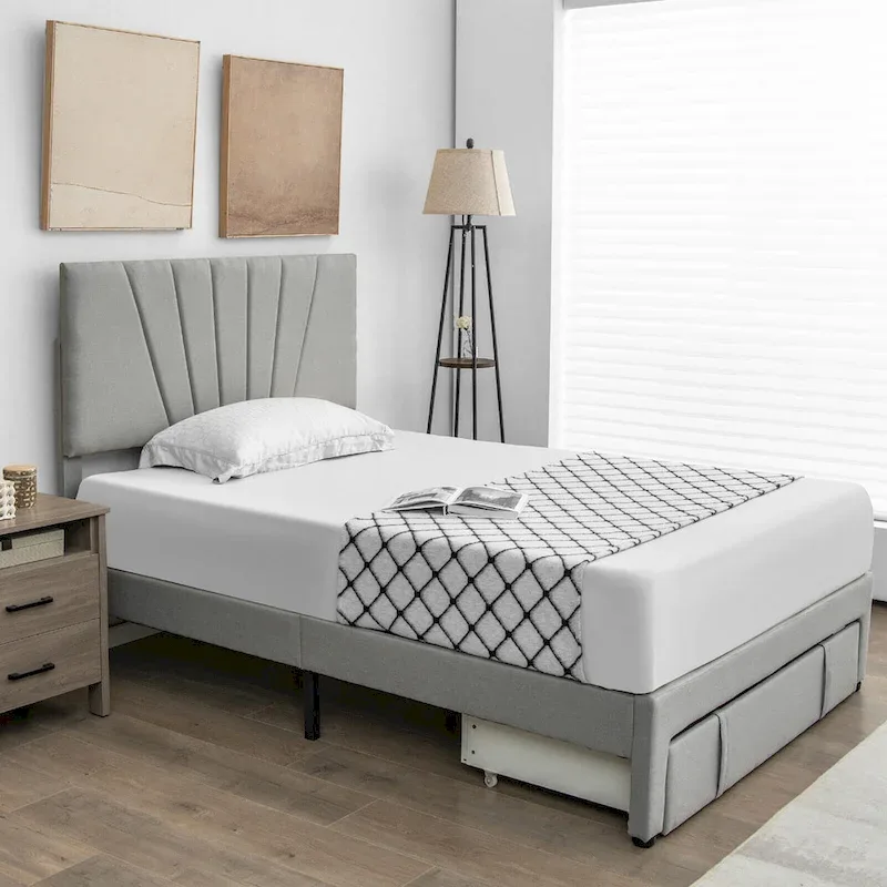 Linen Platform Bed Frame – Grey, Adjustable Headboard, 1 Pull-Out Drawer, Full / Queen, Sleeps 1