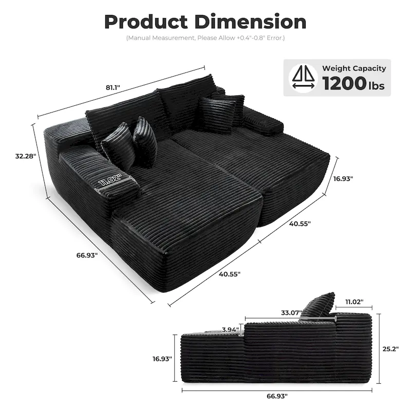 OVIOS Long Plush No Assembly Required Double Chaise Sofa