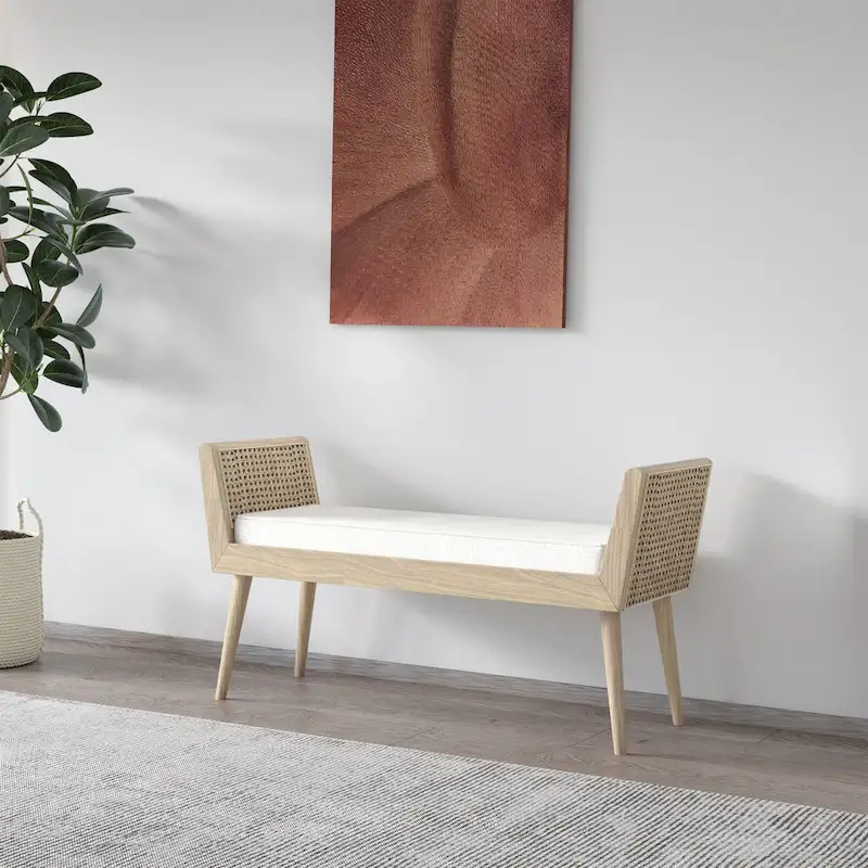 Aderyn Mid-Century Padded Bench with Raised Rattan Arms