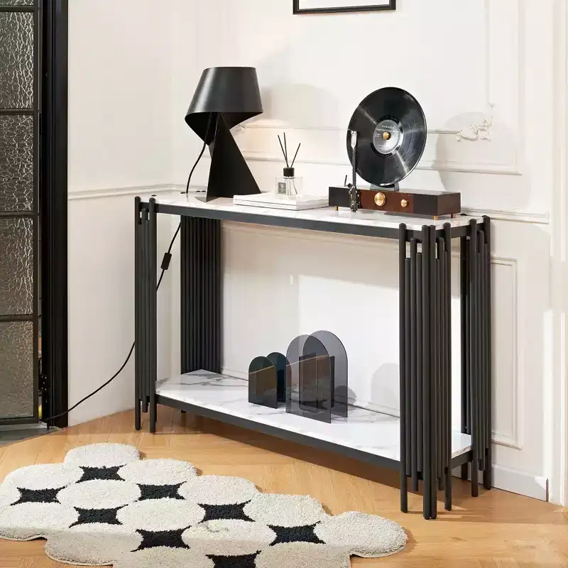 48-Inch Faux Marble Console Table with Adjustable Feet, Narrow Entryway Table, Black