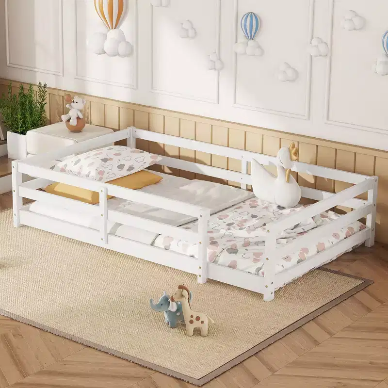 Okak Bed Frame Twin/Full Size,Modern Low Profile Toddler Bed with Safety Rails, Solid Wood Frame for Kids Bedroom