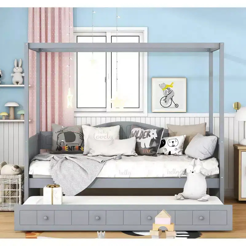 Bellemave Twin Size Canopy Daybed with Trundle, Space-Saving Wooden Bed Frame for Bedroom.