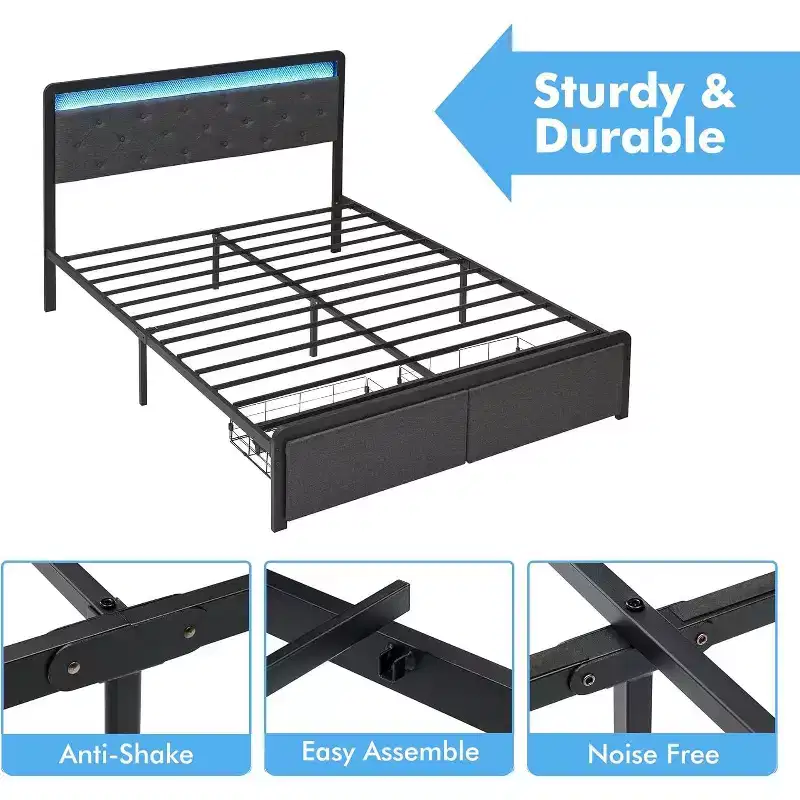 Full Size Metal Platform Bed Frame with LED Lights & 2 Storage Drawers, Noise-Free, No Box Spring Needed, Easy Assembly, Gray