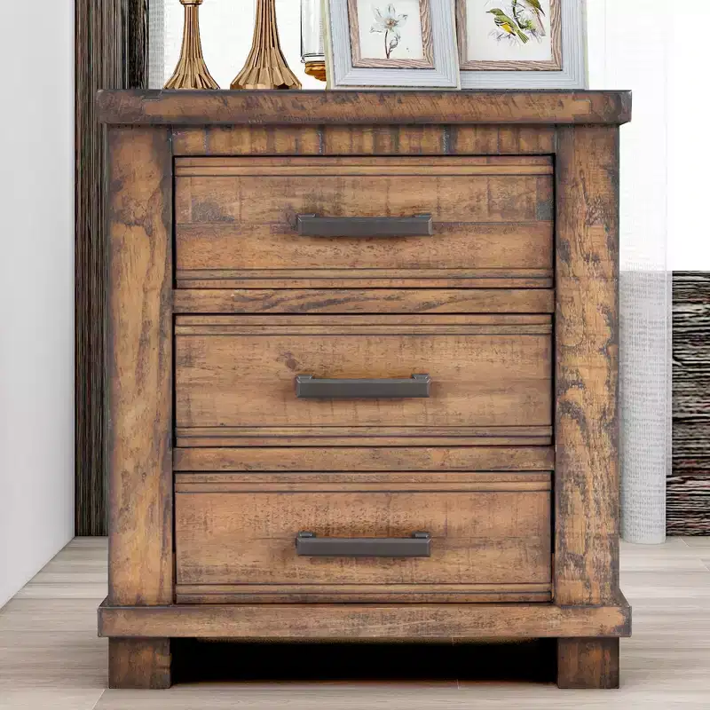24W Farmhouse Nightstand End Table Side Table Storage Cabinet Bedside Table with 3 Drawers and Reclaimed Pine Wood Frame, Natural
