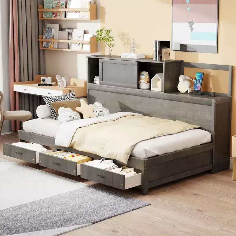 Twin Size Natural Design Daybed with 3 Drawers & Storage HeadBoard, Solid Wood Platform Bed Frame for Teens, Adults