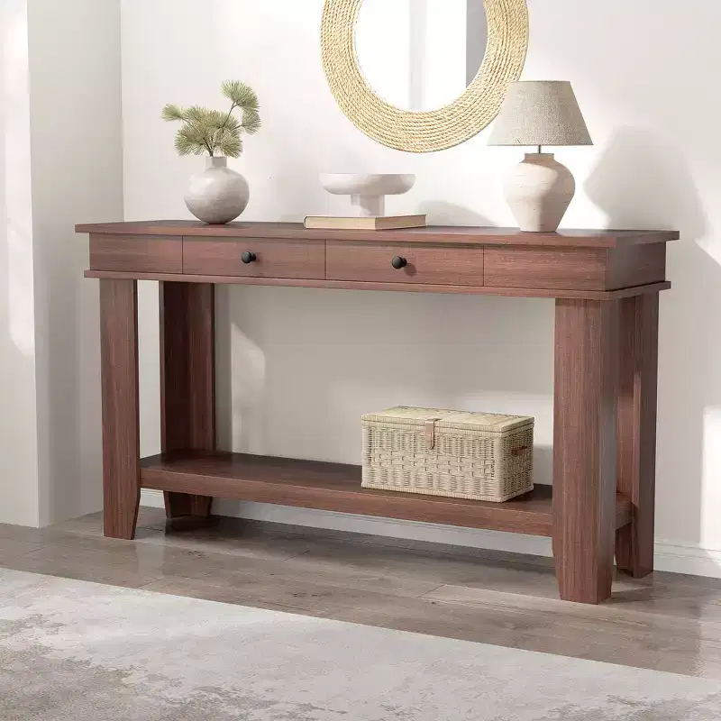 59-Inch Long Console Table, Wooden Entryway Table with 2 Drawers & Open Storage Shelf, Hallway, Living Room