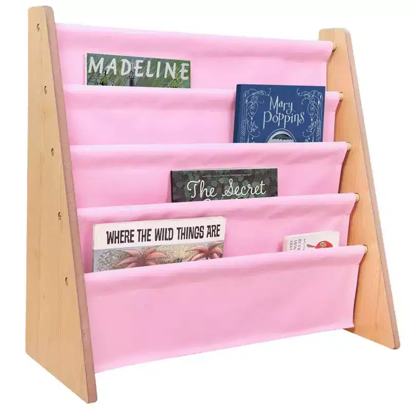 Libreria Original Sling per bambini in pelle vegana, legno naturale e rosa chiaro: 4 ripiani, struttura in MDF, età 3-10 anni