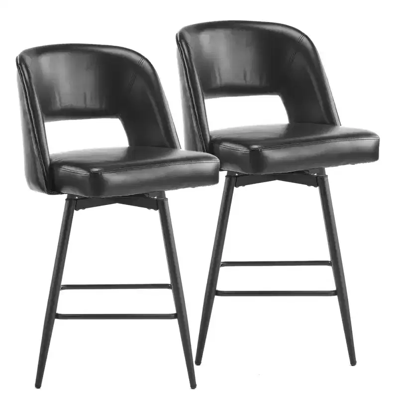 Set Of 2 Brown PU Leather Bar Stools With Hollow Backrest, Iron Legs, Swivel