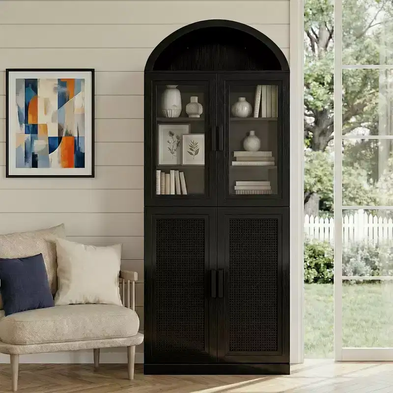 Arched Display Cabinet Freestanding Storage Cabinet with Glass & Rattan Doors Adjustable Shelves for Living Room Office Kitchen Dining Room