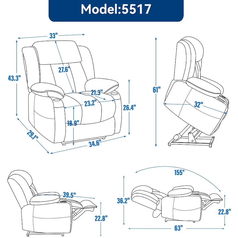 Grey Chenille Power Lift Recliner with Massage, Heating, USB, Cup Holders