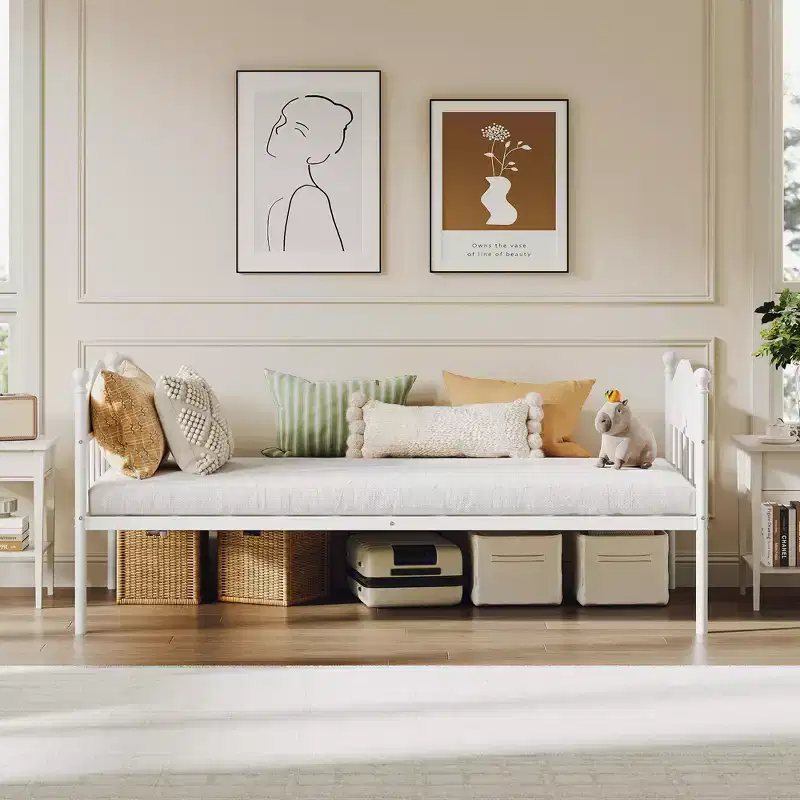 Twin Daybed, Metal Day Bed with Stylish Headboard, Under-Bed Storage Space, Heavy Duty Steel Slats Platform for Living Room, Bedroom and Guest Room