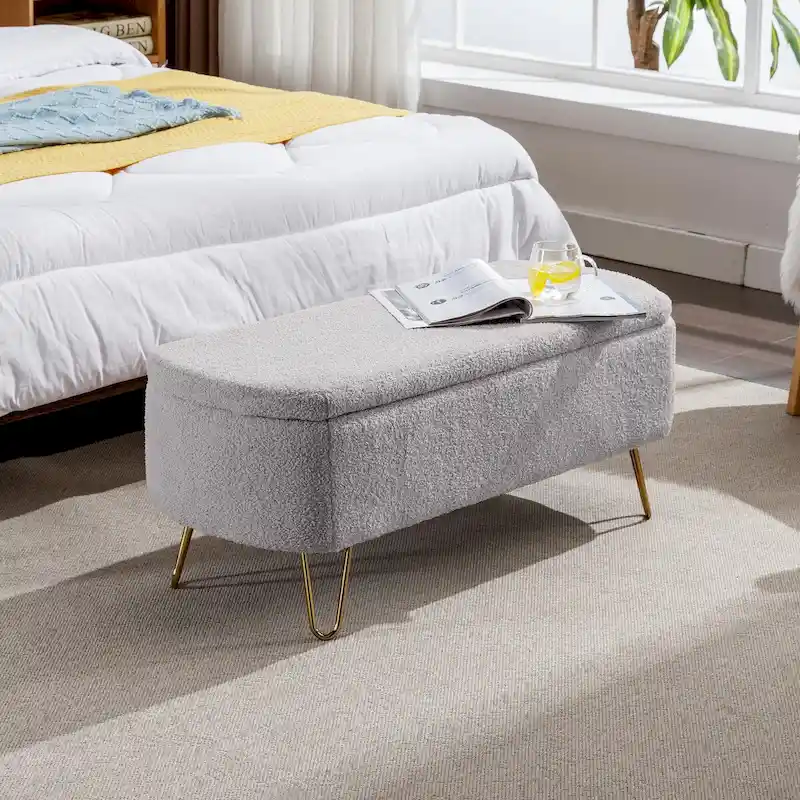 Grey Faux Fur Storage Bench with Gold Legs