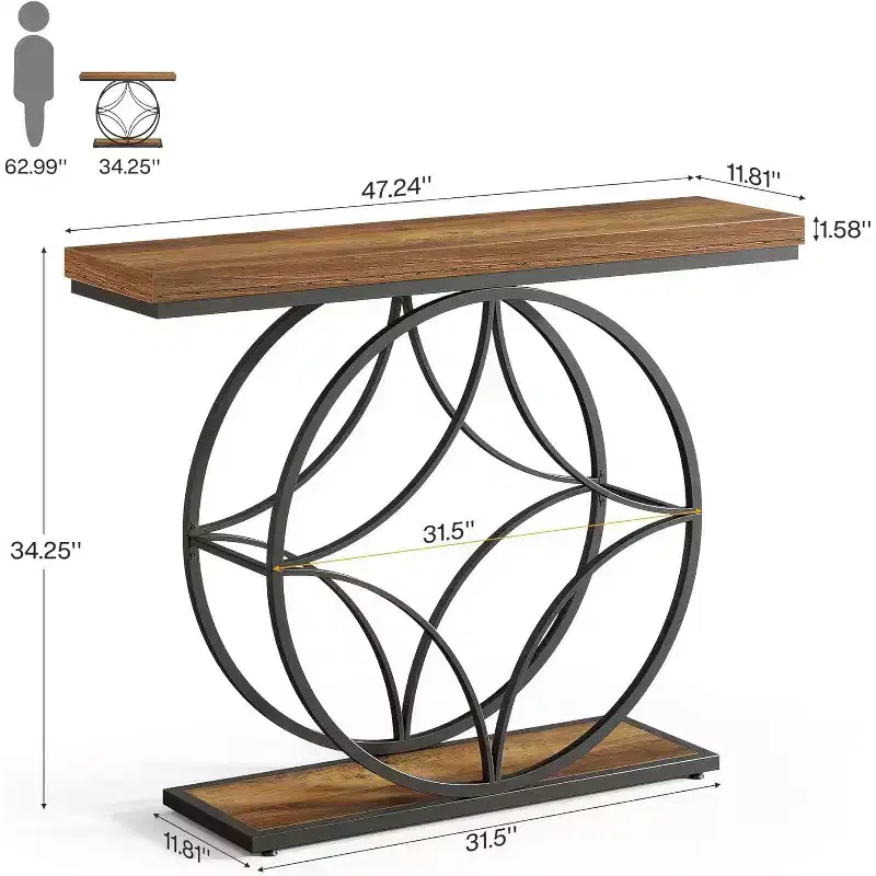 47Console Table,2-Tier Sofa Table with Geometric Metal Frame, Narrow Entryway Tables with Storage Shelf for Living Room, Rustic Brown