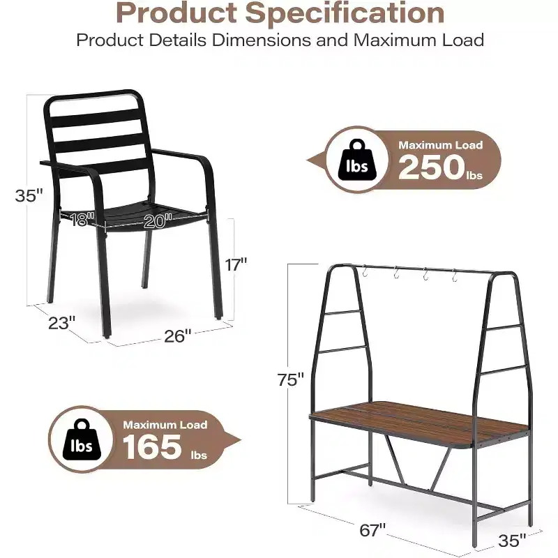 LAUSAINT HOME A-Frame Outdoor Dining Table Set for 4 with 4 Hooks, Patio Furniture Set
