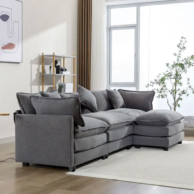 112 Modern L-Shape Chenille Upholstered Sofa with 5 Pillows