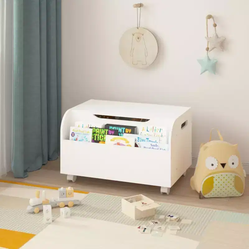 White Kids Toy Box with Bookshelf & Wheels, Flip-Top Lid, for 1 Child