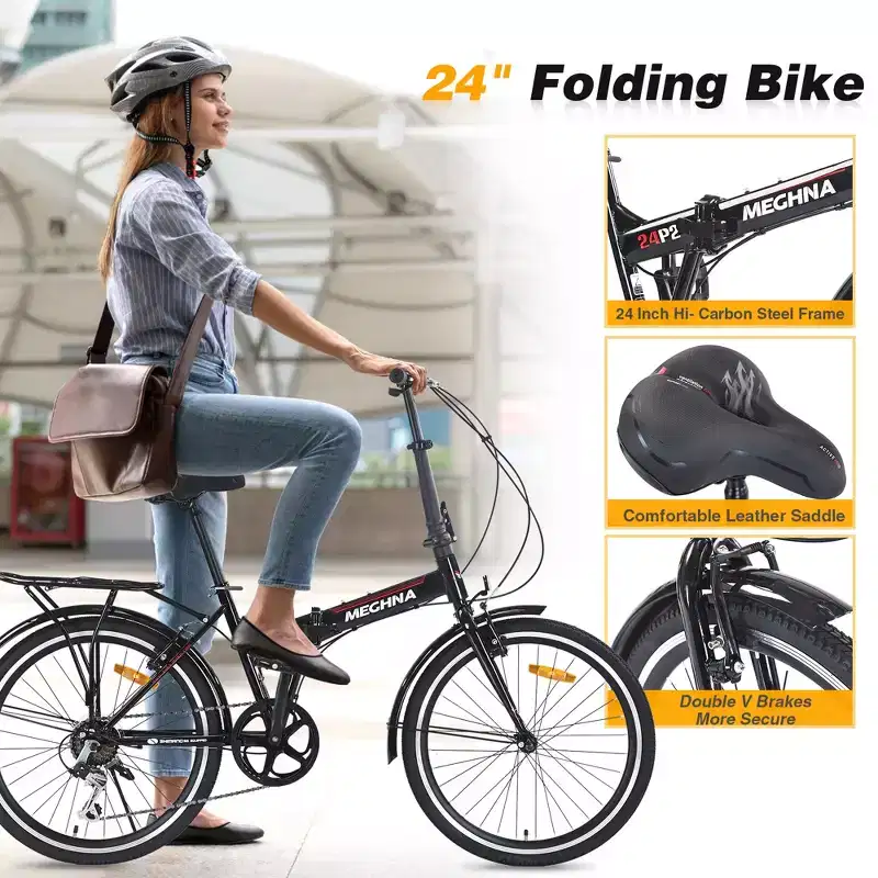 24 Folding City Bike Steel Frame 7 Speed Folding Bike, Bicycle, High-Tensile Steel Frame, V Brakes