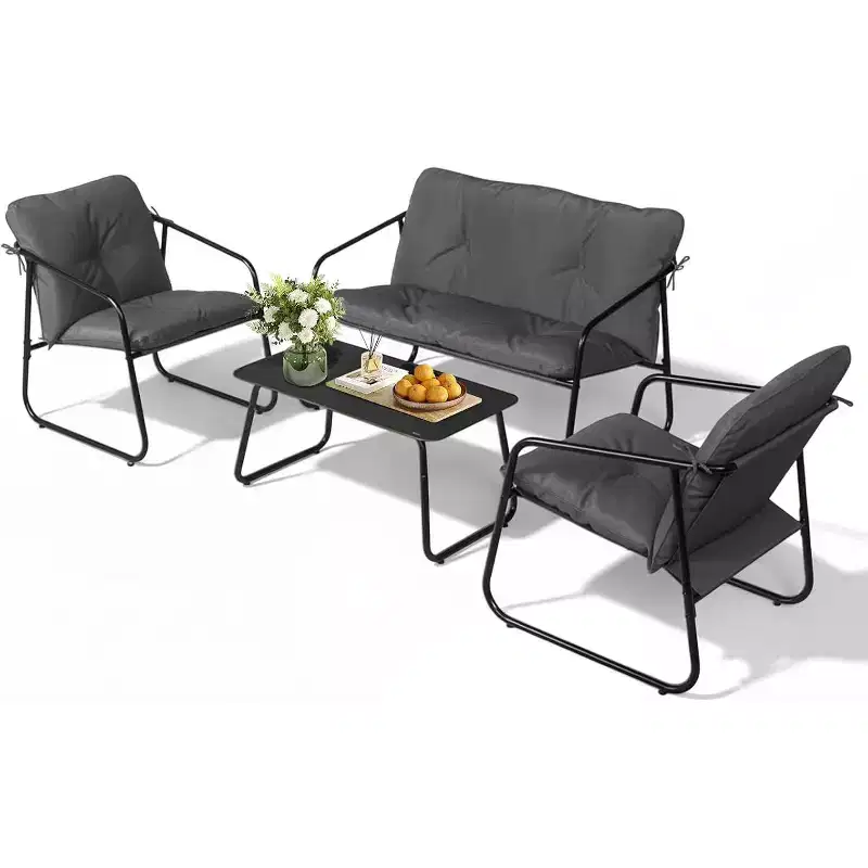 VINGLI 4 Piece Patio Conversation Set, Outdoor Furniture Set with Glass Coffee Table & Comfortable Cushion, Grey
