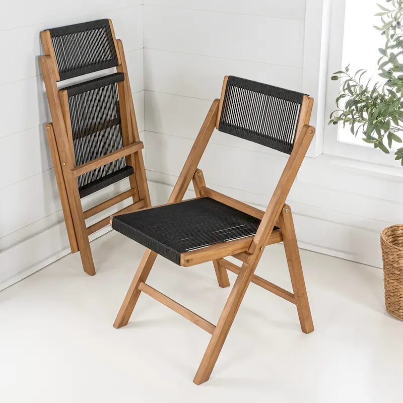 Kiawah Coastal Modern Wood Roped Folding Chair with Adjustable Back, Black/Natural (Set of 2) by JONATHAN Y
