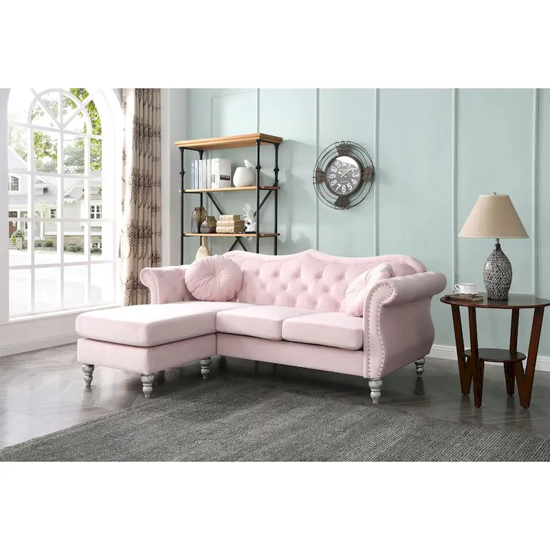 Hollywood 81 in. Velvet Chesterfield Sectional Sofa with 2-Throw Pillow - 81L x 35W x 34H