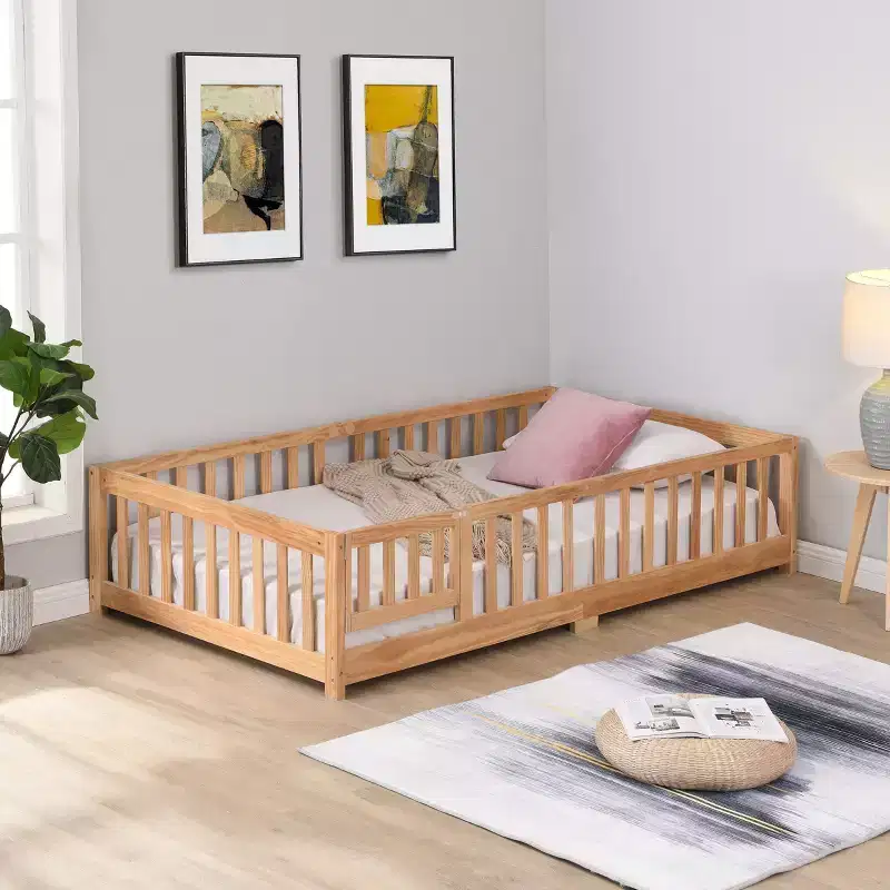 Full Size Toddler Floor Bed with Door for Kids, Modern House Montessori Bed with Fence