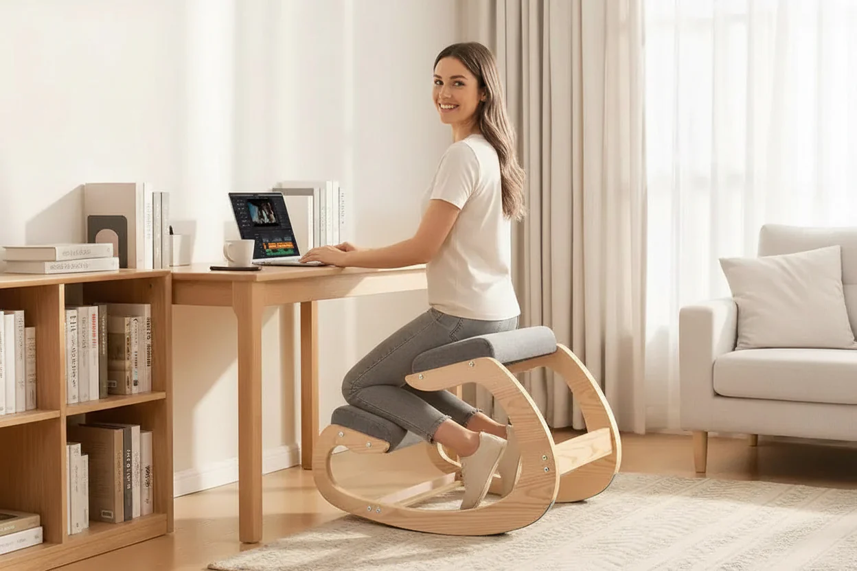 Ergonomic Kneeling Chair, Wooden Posture Knee Chair with Thick Foam Cushions and Solid Wood Frame, Adjustable Height, Gray