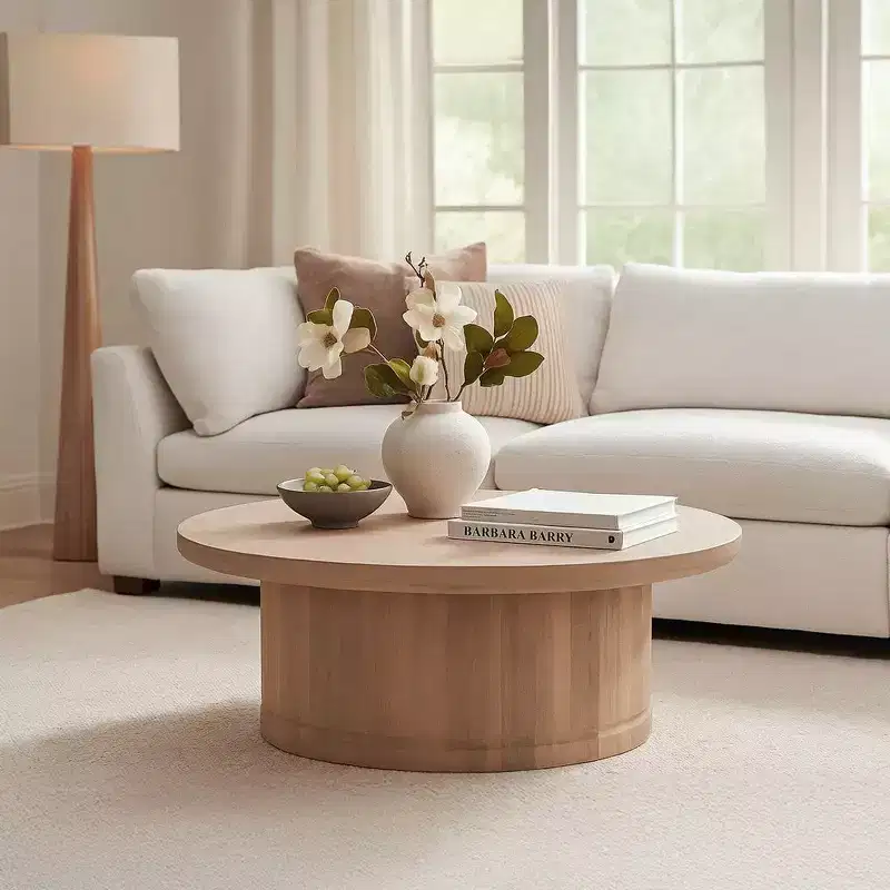 47 Inch Round Coffee Table, Handcrafted Beige Mango Wood Pedestal Base