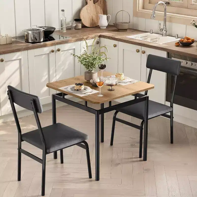 3/5 Piece Dining Table Set, Wooden Kitchen Table Set with PU Upholstered Chair, Industrial Metal Frame Dinette Set for Dining Room