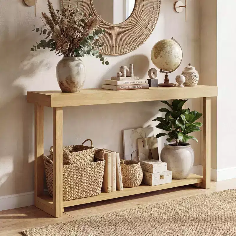 Costway 47Solid Wood Console Table,2-Tier Narrow Farmhouse Sofa Table with Teak Wood Frame Natural-47/46/57/71