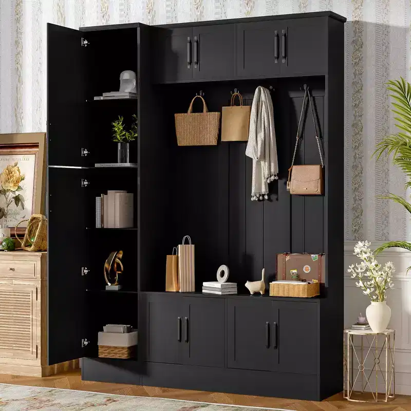 Modern Hall Tree with 6 Cabinets and 4 Coat Hooks, Coat Rack with Shoe Storage Bench and Adjustable Shelf for Hallway, Living Room, Black