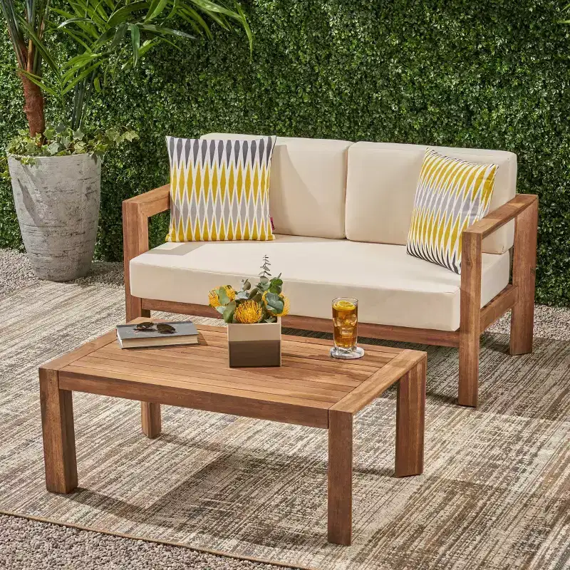2pc Genser Wooden Patio Loveseat and Coffee Table Set Brown - Christopher Knight Home: Acacia Outdoor Seating Set with Cushions
