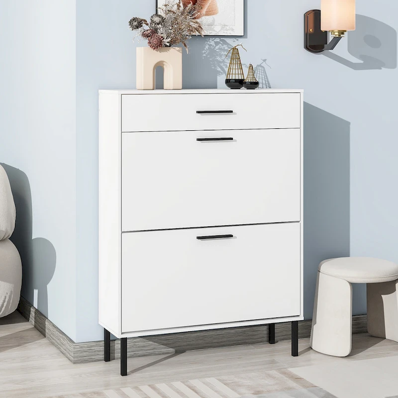 Freestanding Shoe Rack Storage Organizer with Drawers & Metal Legs, Modern Shoe Storage Cabinet with 2 Flip Drawers