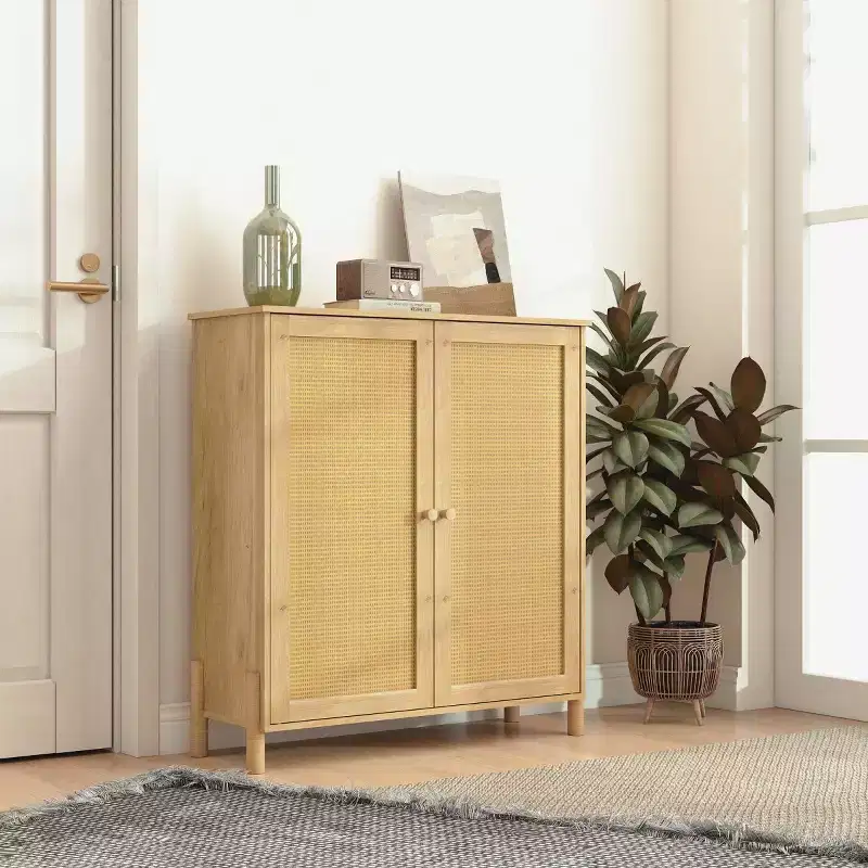 Modern Accent Cabinet with Doors and Adjustable Shelves, Mid-Century Kitchen Cabinet, Rattan Doors Storage Cabinets - Panipeachy