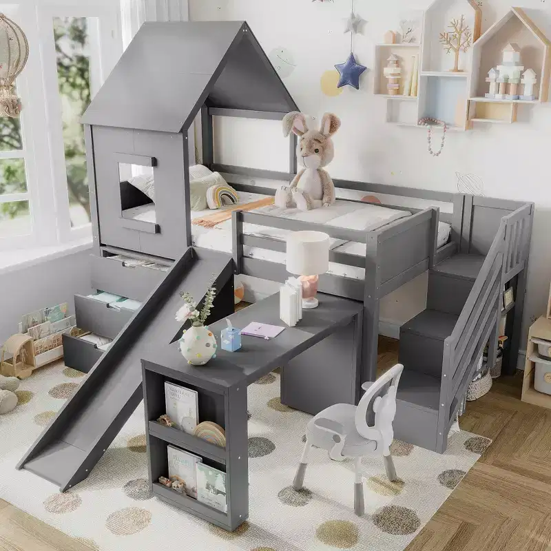 Wood Twin Loft Bed with Slide, Removable Desk & Storage Stairs